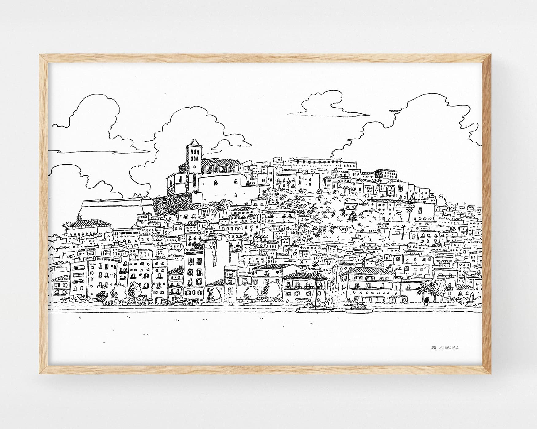 Ibiza Pictures. Stampa decorativa da incorniciare con un disegno in bianco e nero di Dalt Vila. Illustrazioni di paesaggi spagnoli e delle Isole Baleari in stile urban sketcher. Souvenir da regalare. Poster artistico Marroiak