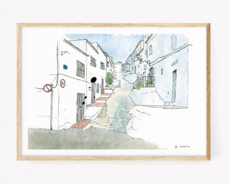Picture to frame with an illustration of the Carrer de la corbera in the town of Oliva (La Safor - Valencia). Sketch urban sketchers old historic district. Towns of La Safor