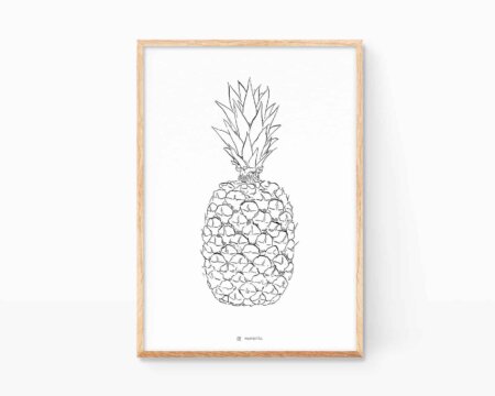Stampa decorativa per cucine, fruttivendoli e bar di succhi di frutta, con un'illustrazione in bianco e nero di un ananas. Stampe incorniciate disponibili online.