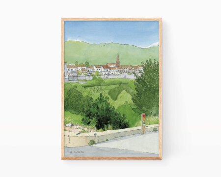 Drawing of the village of Llocnou de Sant Jeroni (Lugar Nuevo de San Gerónimo) in the region of La Safor. Landscape illustrations of Valencia