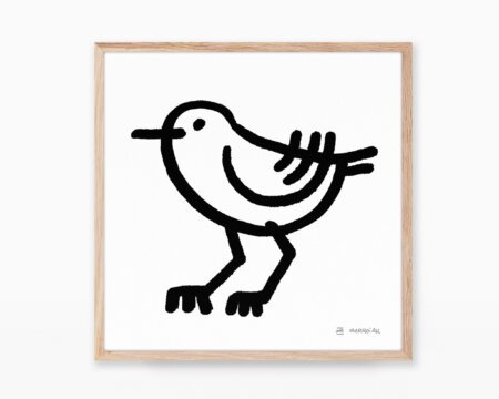 Decorative print with a black and white illustration of a black-footed plover bird in ultra minimalist style for children.