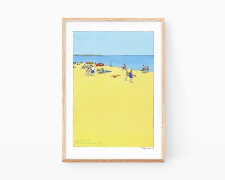 Watercolor painting of the shore of Oliva beach (Valencia) with several bathers and vacationers in the early morning.