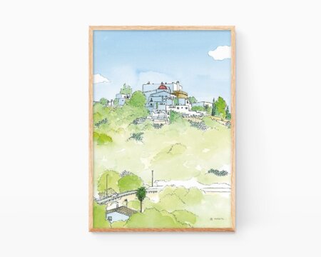 Decorative plate with a watercolor illustration of Puig de Missa in the municipality of Santa Eulalia, Ibiza. Drawings of Ibicencan architecture