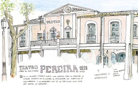 Stampa decorativa di Ibiza raffigurante un acquerello del vecchio Teatro Pereyra di Ibiza città. Stampe di disegni di Ibiza pronte per essere incorniciate.