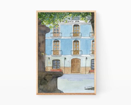 Image of villages of Valencia. Print with a watercolor drawing of Villalonga in the region of La Safor. Landscapes ukiyo-e style.