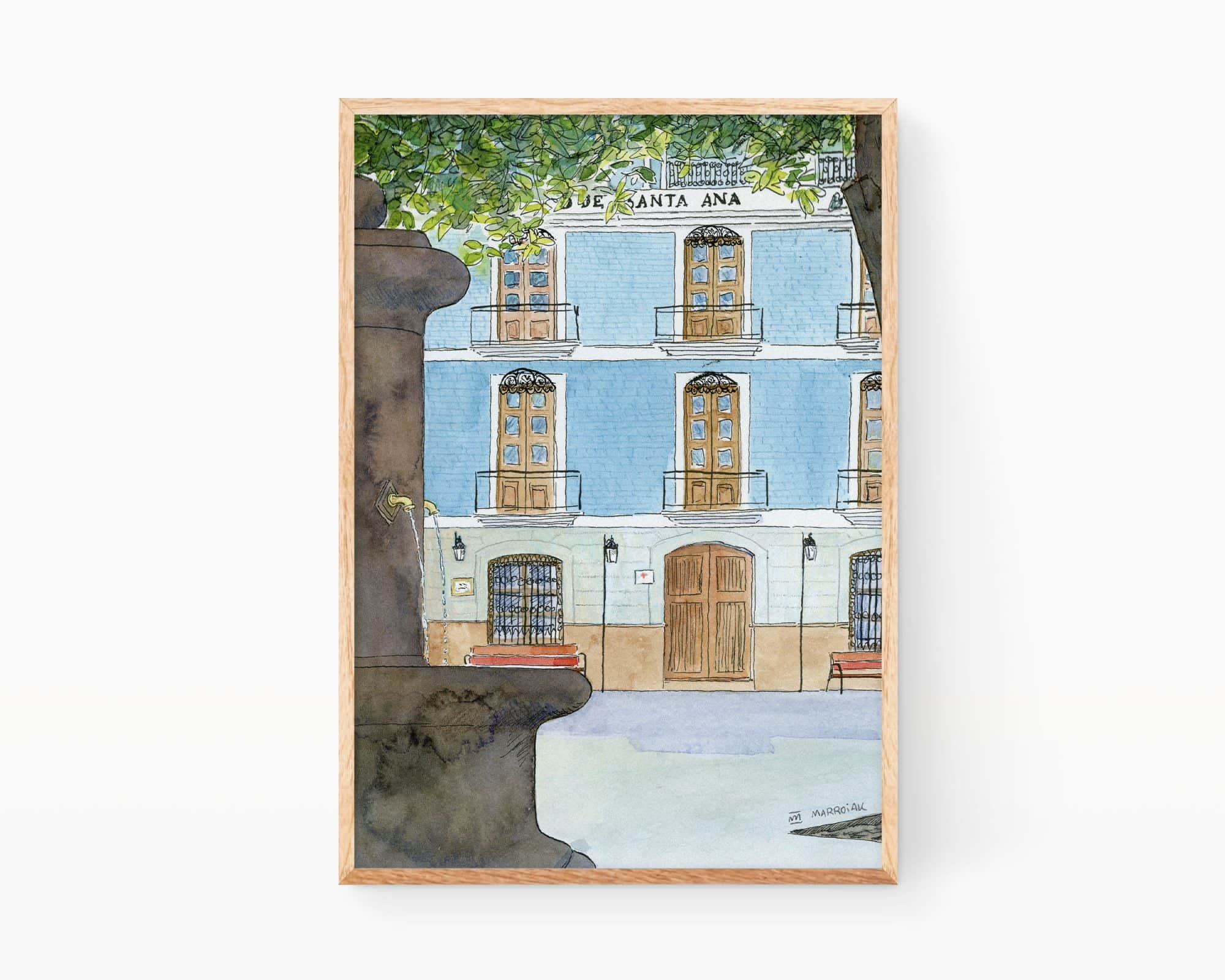 Immagine dei villaggi di Valencia. Stampa con disegno ad acquerello di Villalonga nella regione di La Safor. Paesaggi in stile Ukiyo-e.