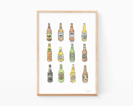 Decorative picture for framing with motifs of kitchens with illustrations of beer bottles from countries of the world. Cheap contemporary art