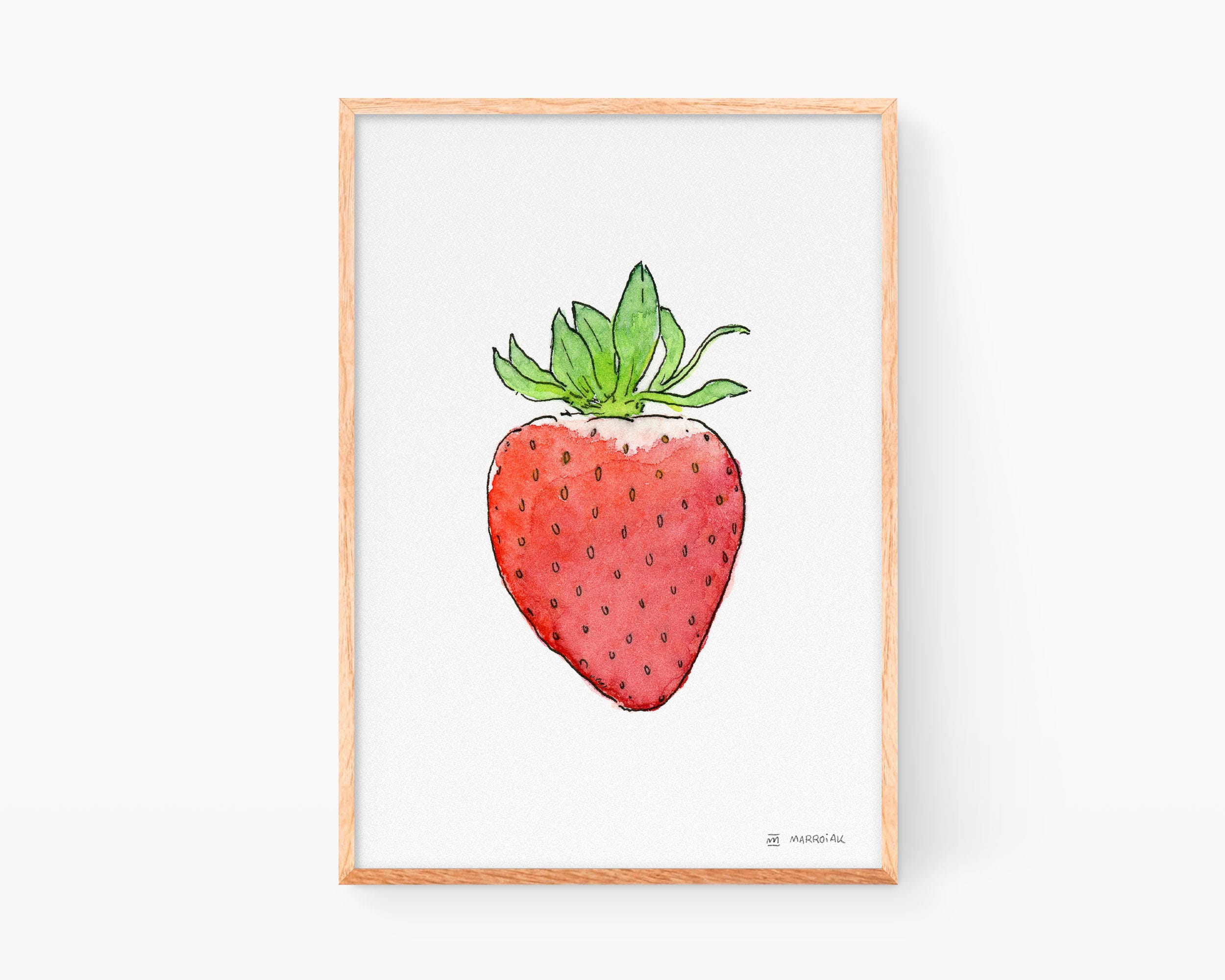 Stampa da cucina con un disegno ad acquerello di una fragola, il frutto più iconico illustrato con inchiostro e acquerello su carta.