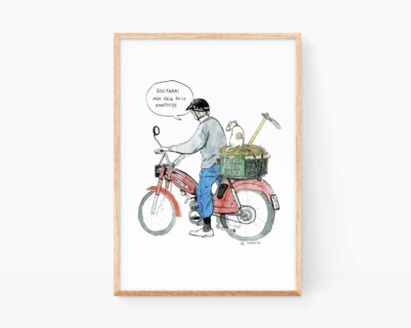 Quadro decorativo da incorniciare, raffigurante un'immagine tipica dei villaggi valenciani: un anziano signore (uelo) su una motocicletta d'epoca con il suo cane, diretto verso il suo frutteto. Illustrazione souvenir della Comunità Valenciana.