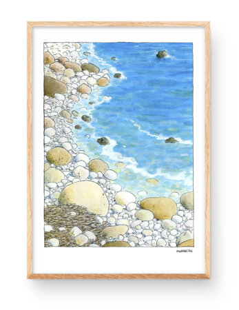 Watercolor landscape illustration of the Cala Moraig beach in the village of Benitatxell, Marina Alta, Alicante, Spain.