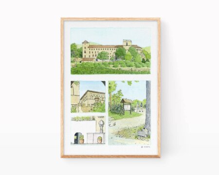 Dibujos de pueblos de Valencia: ilustración con una acuarela estilo cómic del Monasterio de San Jerónimo de Cotalba en el municipio de Alfauir y junto a Rótova en la comarca de La Safor (Valencia).