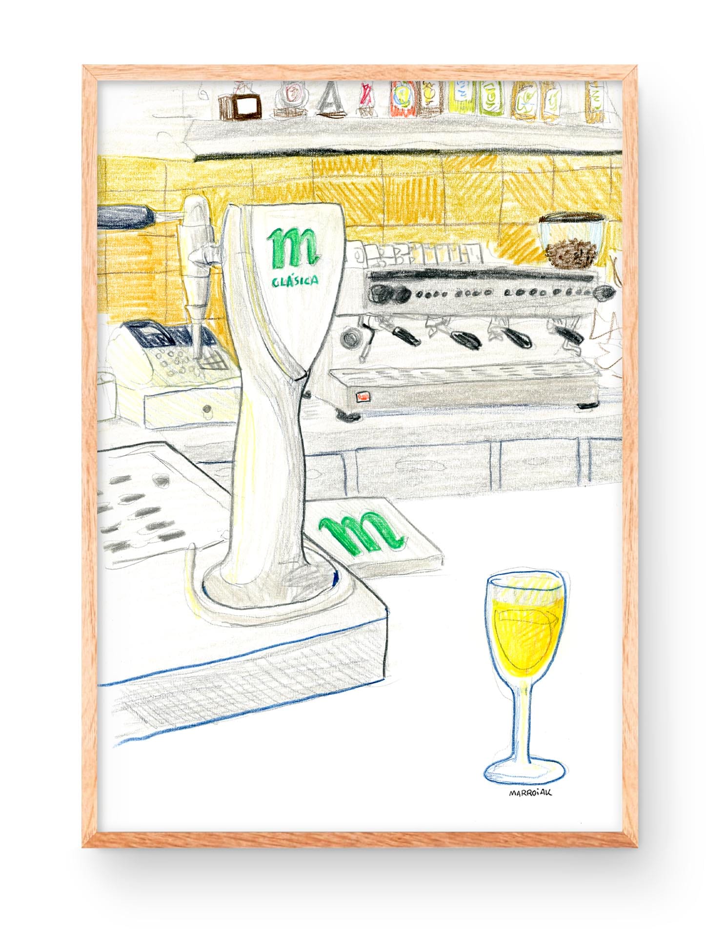 バーカウンターと背景にマホウビールの缶、そしてコーヒーマシンが描かれたイラスト入りのプリント。