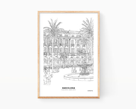 Lámina dibujo Barcelona Plaça reial, Famosas vistas de España