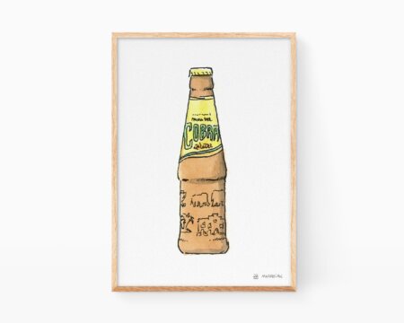 Stampa illustrata della birra Cobra, realizzata in India. Immagini per birrifici e cucine con disegni esotici ad acquerello.