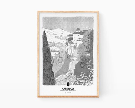 Stampe artistiche della città di Cuenca, Spagna. Stampa con illustrazione in bianco e nero in stile ukiyo-e.