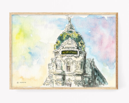 Illustration of Madrid landscape with the metropolis building in watercolor and ink.