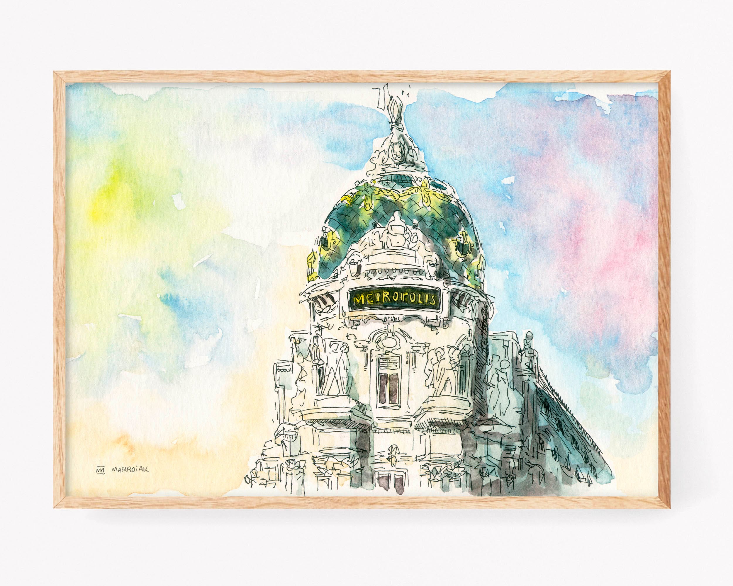 Illustration of Madrid landscape with the metropolis building in watercolor and ink.