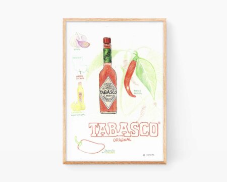 Libretto di ricette da incorniciare, con un'illustrazione ad acquerello di una bottiglia di salsa Tabasco americana. Poster di cibo messicano con acquerello su carta. Stampa digitale.