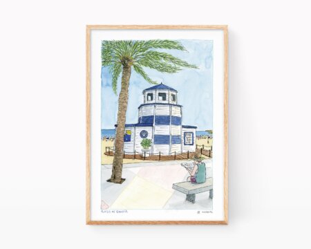 Decorative picture illustration of Gandia beach. Drawing of Tourist Info. Towns of La Safor