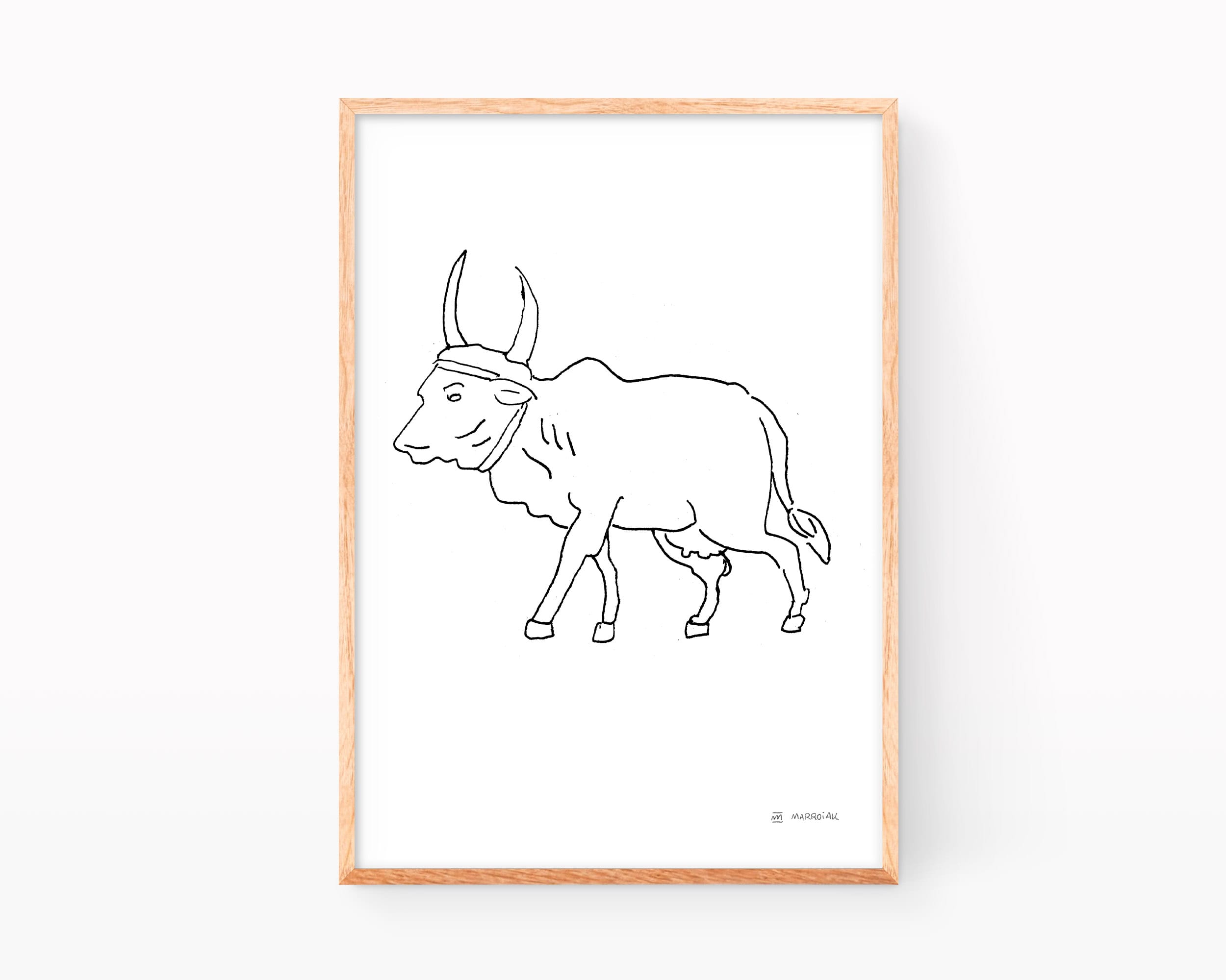 Stampa con l'illustrazione di una mucca Brahman indiana. Disegno in bianco e nero.