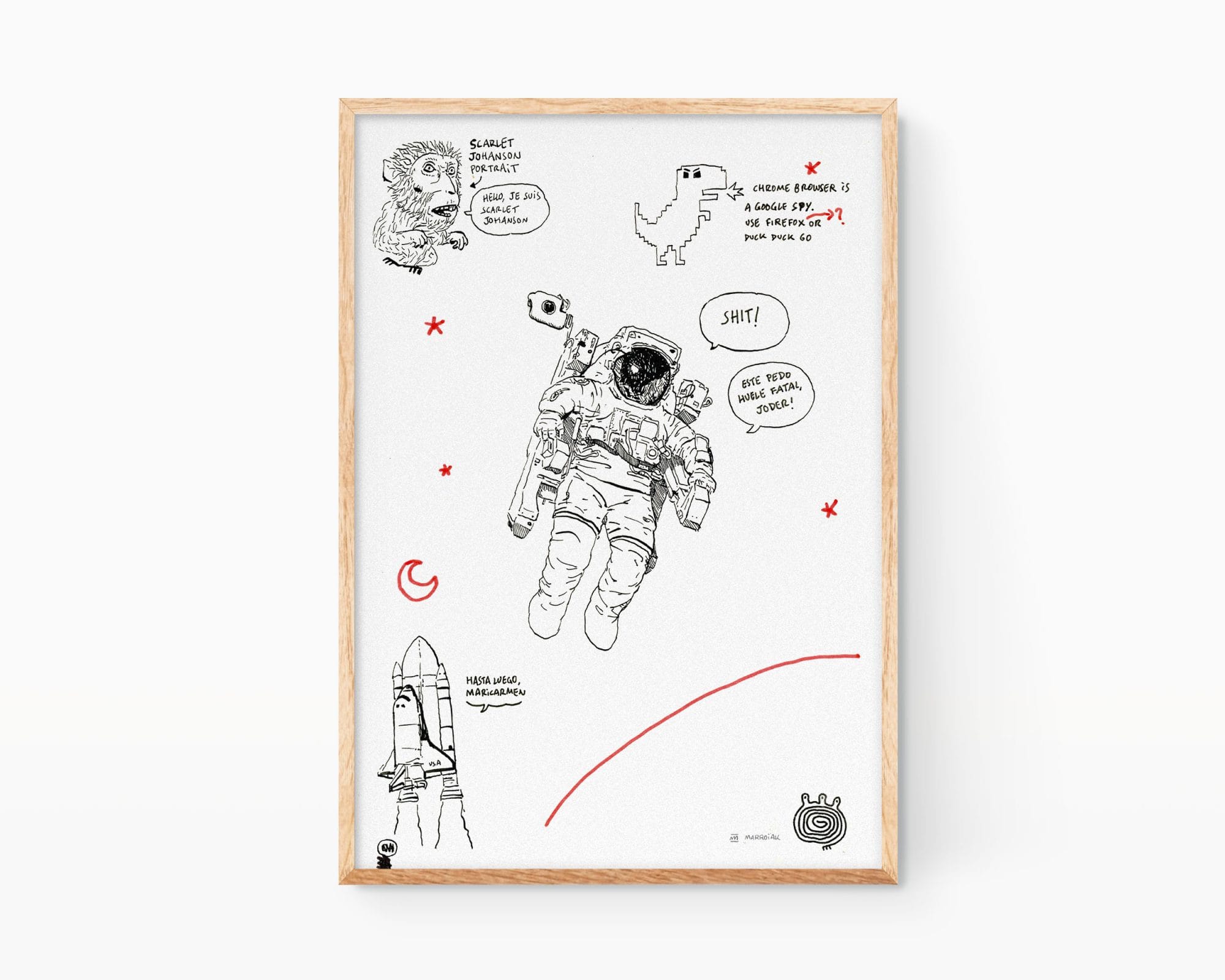 Dipinto di un astronauta della NASA con illustrazione in bianco e nero. Arte urbana.