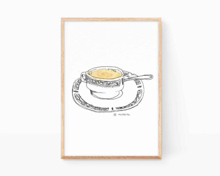 Lámina decorativa para cocinas y cafeterías con un dibujo en blanco y negro de una taza de café solo expreso.