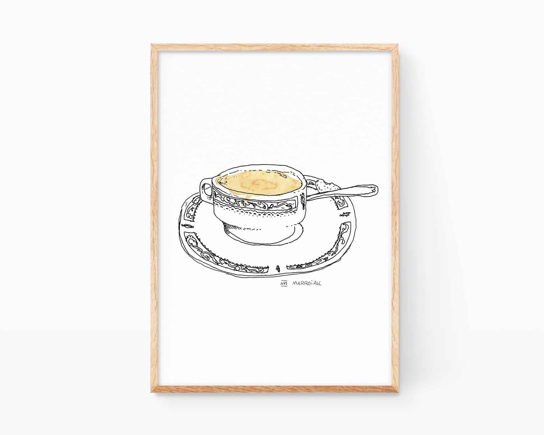 Lámina decorativa para cocinas y cafeterías con un dibujo en blanco y negro de una taza de café solo expreso.