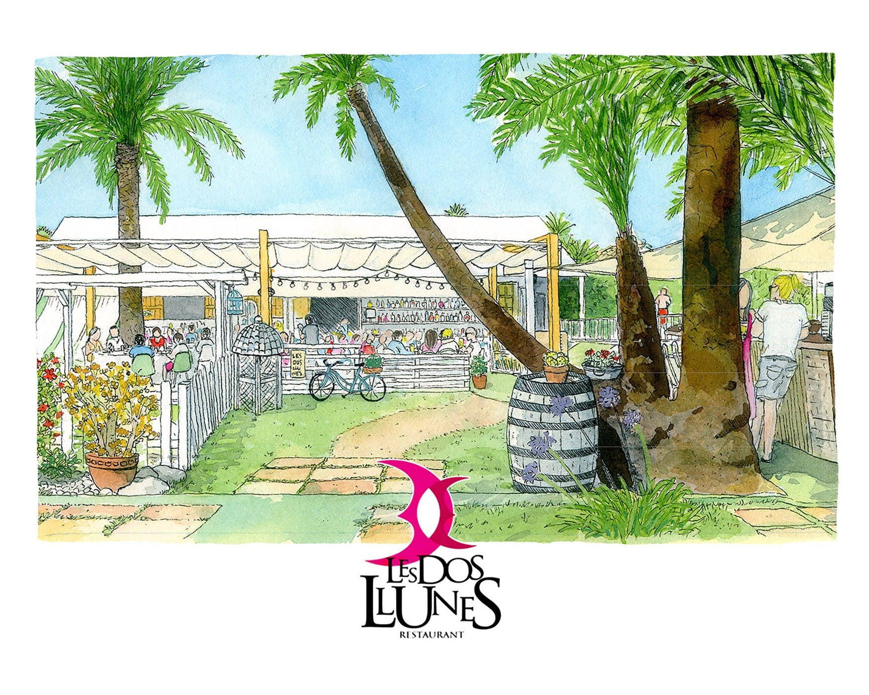 Disegno ad acquerello del ristorante Les Dos Llunes nella città di Oliva, nella regione di La Safor (Valencia). Illustrazioni pubblicitarie su commissione per bar.