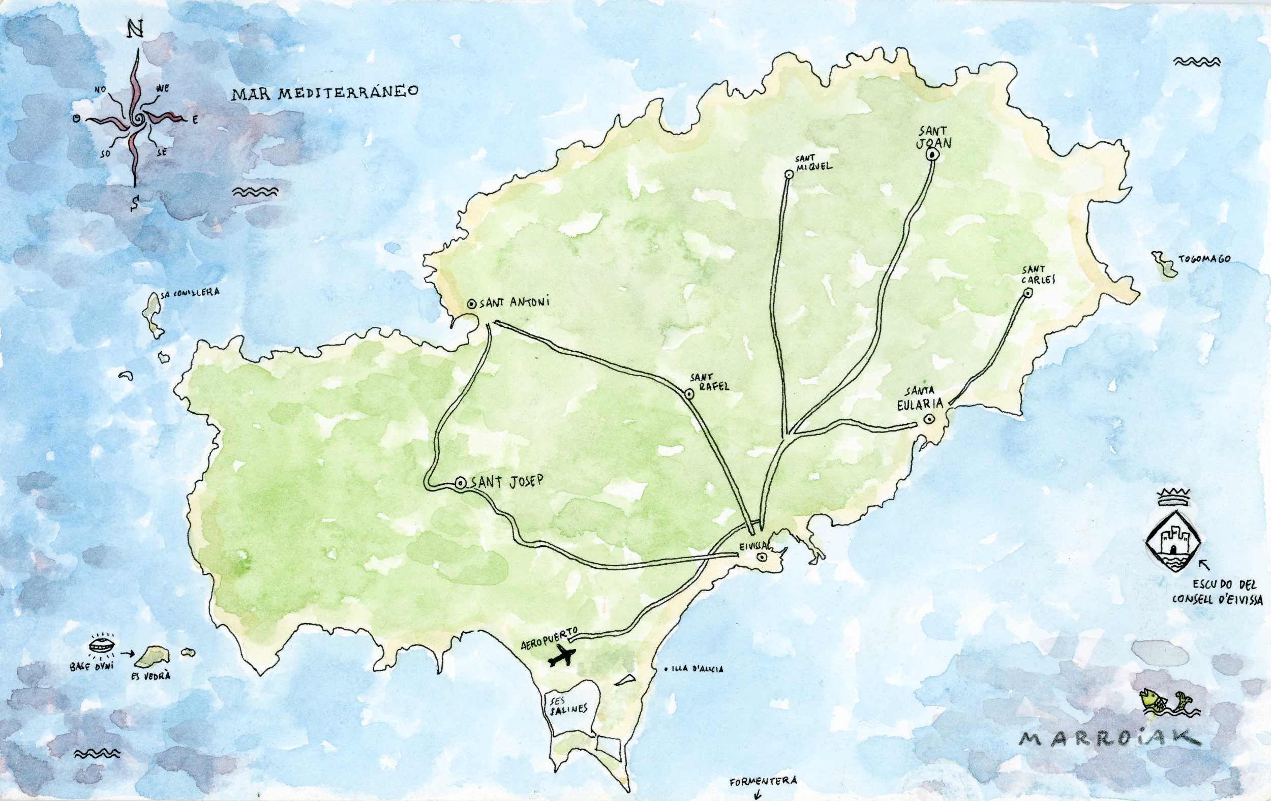 Asta di una mappa originale di Ibiza ad acquerello.