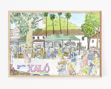 Disegno ad acquerello in stile Urban Sketchers del Xaló Rastro, Marina Alta (Alicante)
