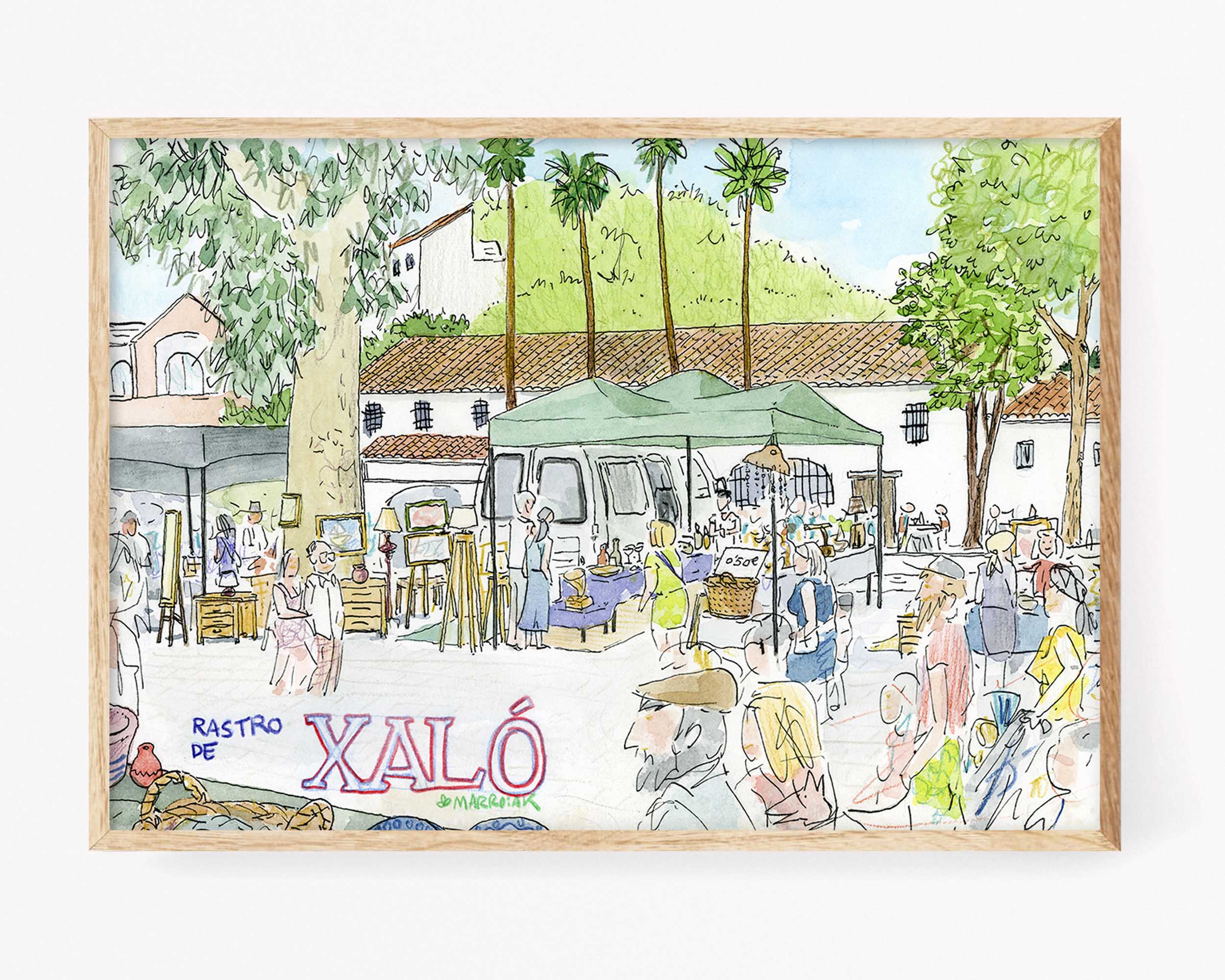 Disegno ad acquerello in stile Urban Sketchers del Xaló Rastro, Marina Alta (Alicante)