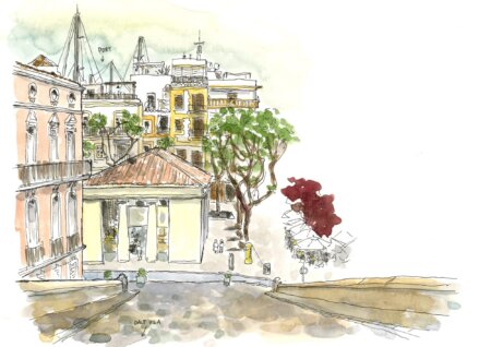 Handmade print signed with an illustration of the Mercat Vell seen from portal de ses taules in Dalt Vila, Ibiza town. Drawing made in ink and watercolor on paper. Print for framing.
