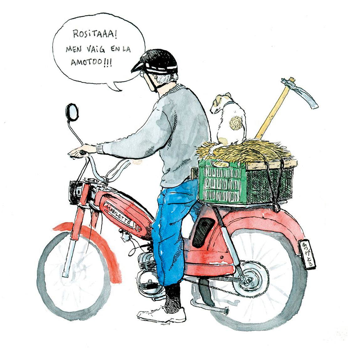 Dibujo de un abuelo en su mobylette y con su perro en Valencia
