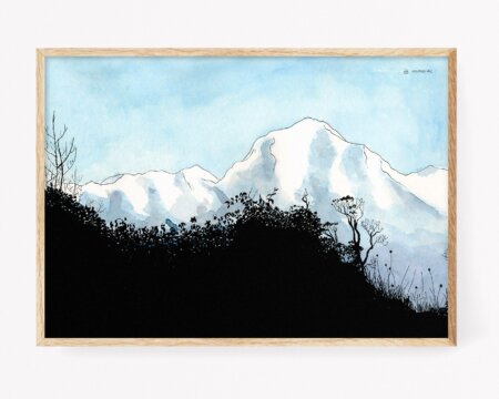 ネパールのプーンヒルから見たヒマラヤ山脈の版画。紙に水彩で描かれたイラスト。.
