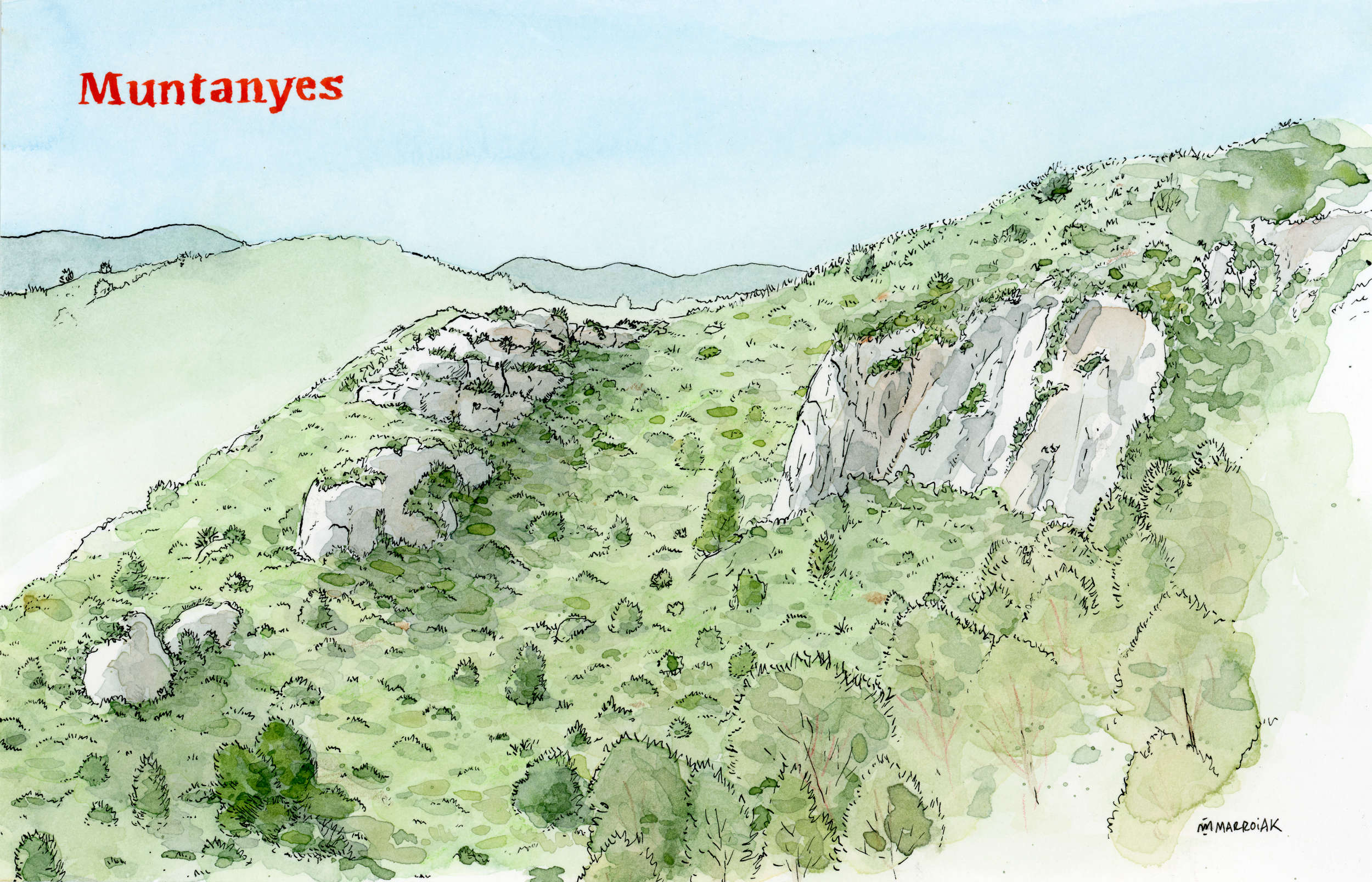 muntanyes original en subasta dibujo acuarela