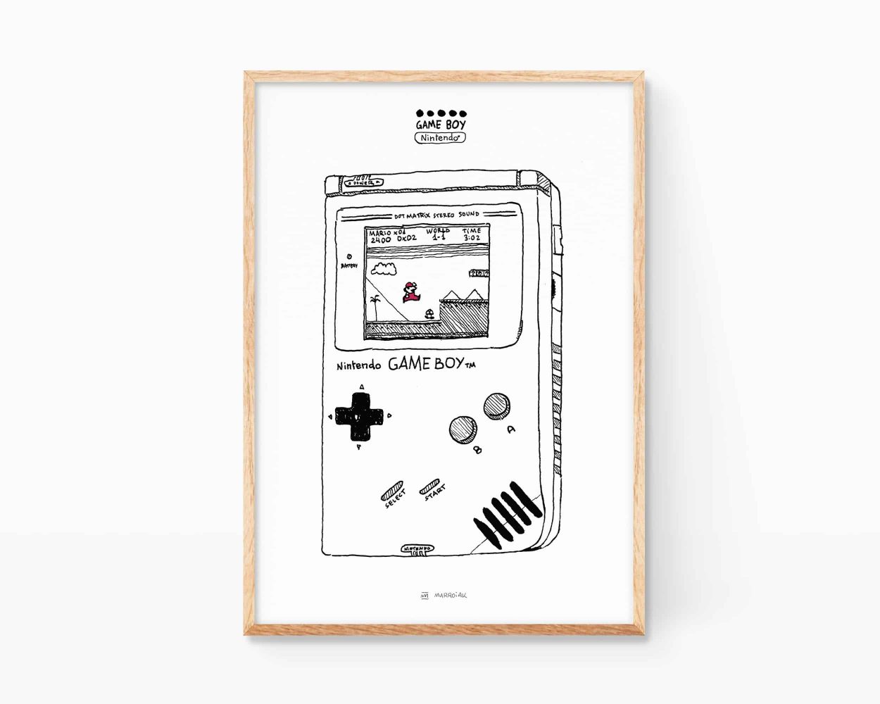 Nintento Game Boy Print and Super Mario. Black and white illustration poster