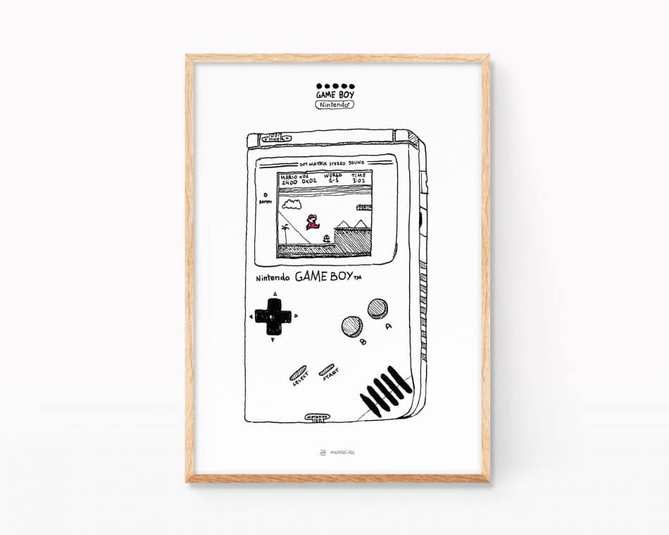 Nintento Game Boy Print and Super Mario. Black and white illustration poster