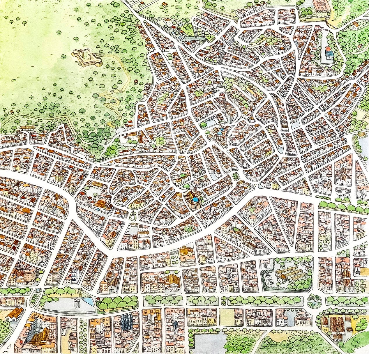 Original drawing of the map of the historic center of the town of Oliva, in La Safor (Valencia). Tourist illustration