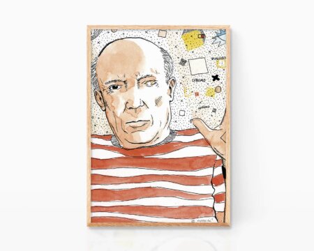 パブロ・ピカソの肖像画。マラガ生まれのキュビスム画家、パブロ・ピカソの版画とイラストを額装した装飾画。スペイン(およびフランス)のアバンギャルド芸術家。