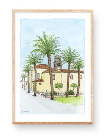 Watercolor illustration of the Parroquia Constitución in the Plaza Olivera in San Cristobal de la Laguna, Tenerife. Canary Islands. Prints and engravings