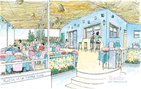 Disegno ad acquerello del ristorante/pizzeria placebo sulla spiaggia di Terra Nova Oliva, Valencia