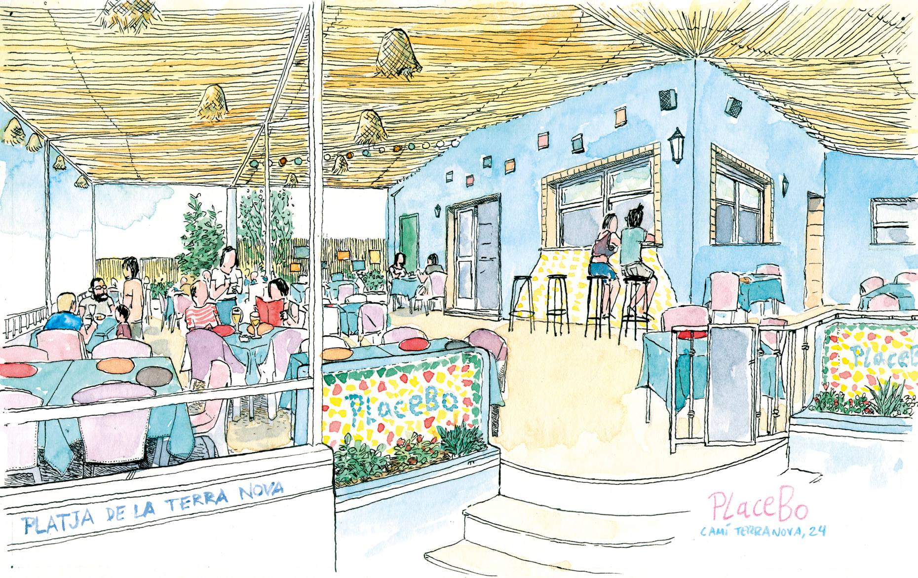 Disegno ad acquerello del ristorante/pizzeria placebo sulla spiaggia di Terra Nova Oliva, Valencia