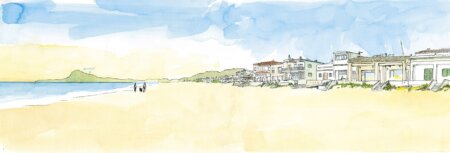 Photos and drawings of the beach of Oliva. Watercolor illustration of the first line huts in the Platja d'Oliva in the region of La Safor (Valencia).