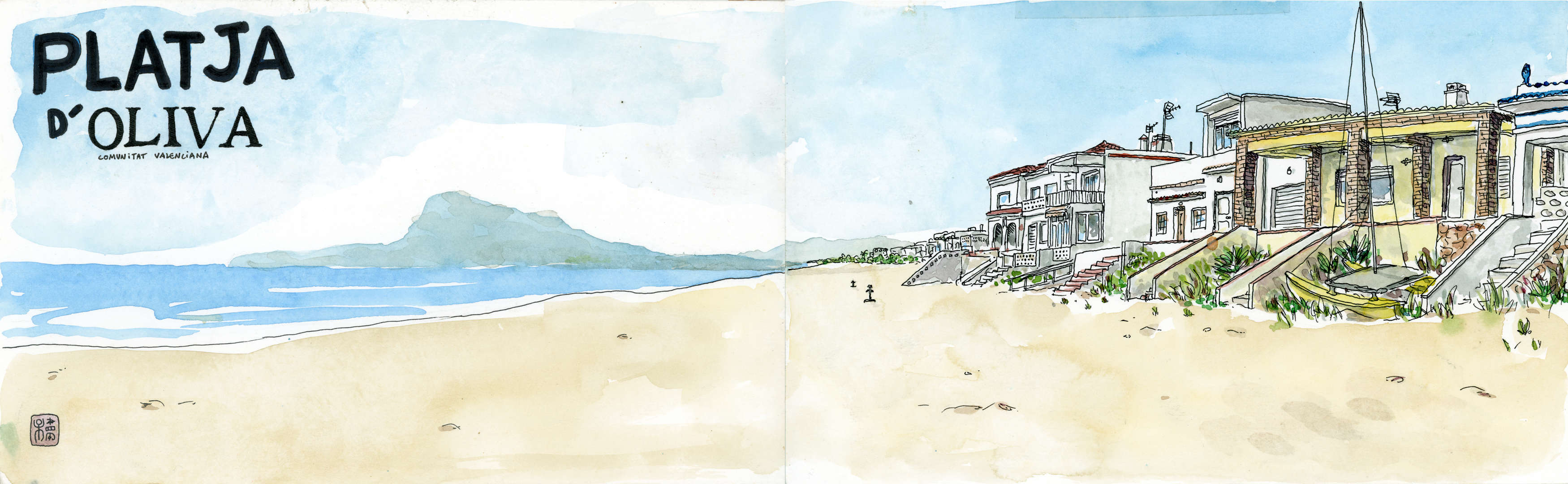 Platja d'Oliva, first line with Montgo, original watercolor auction