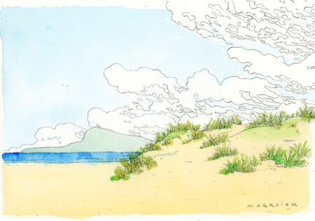 Schizzo ad acquerello ukiyo-e di Olive Beach all'asta
