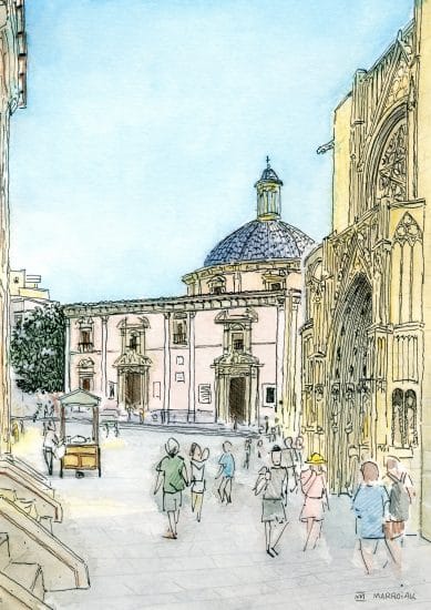 Plaza de la Virgen, Valencia watercolor illustration. Travel art from Spain