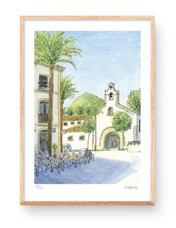 Illustration of the Fresqueta Square in Javea with the Montgo. Watercolor of the Church San Felipe Neri and Santa Monica.