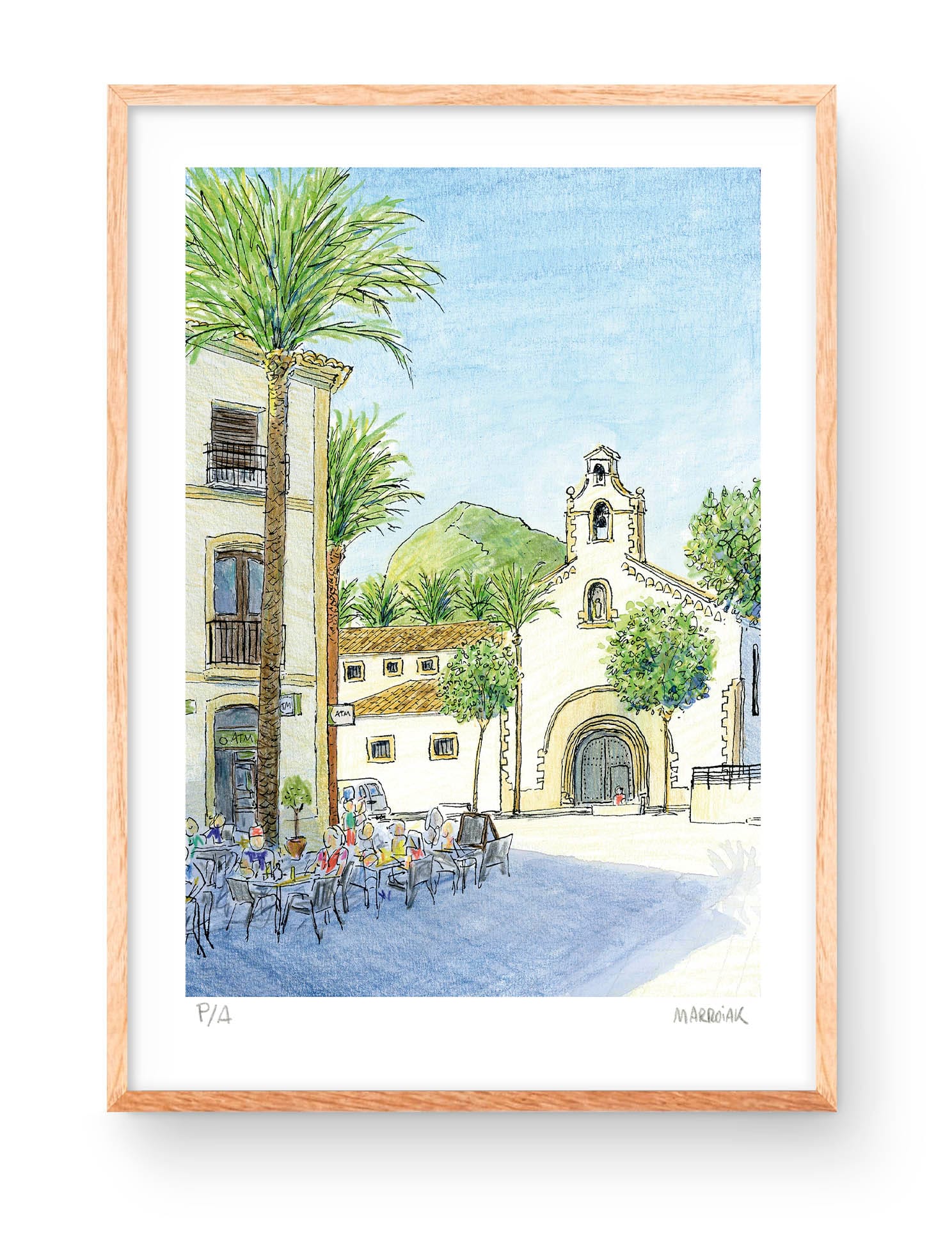 Illustrazione di una piazza fresca e soleggiata di Jávea con il monte Montgó sullo sfondo. Acquerello della chiesa di San Felipe Neri e di Santa Mónica.