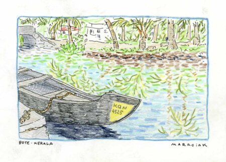 Barca da cartolina sull'isola di Munro, Kerala. Urban sketching India