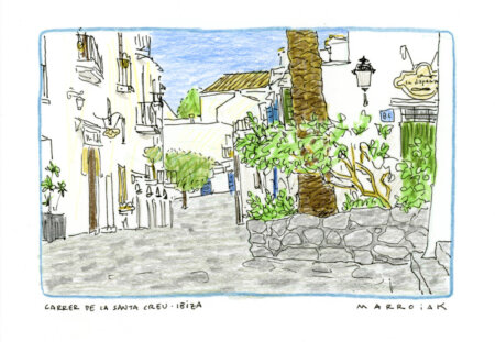 cartolina disegno carrer santa creu dalt vila ibiza. arte di marroiak